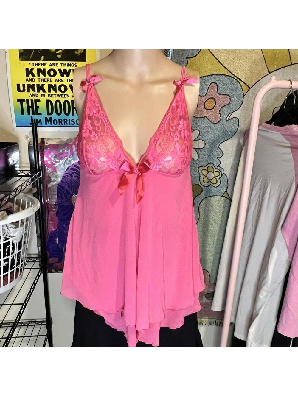 Vintage Dreamgirl Pink Lace Babydoll Ribbon Tank Top